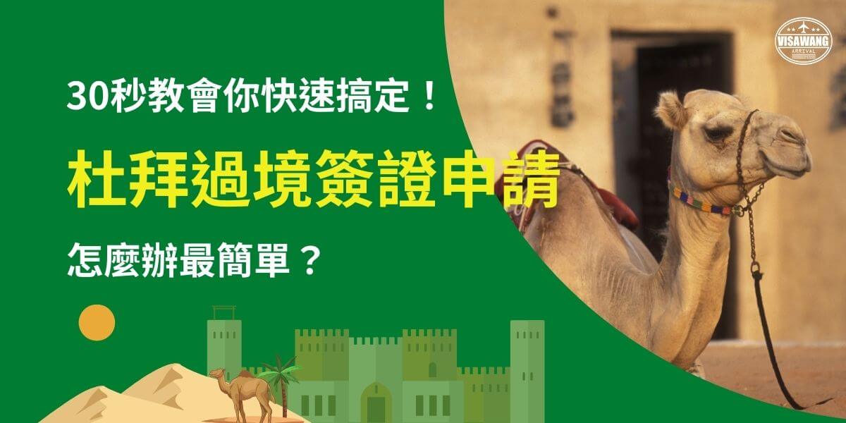 此圖片強調如何快速申請杜拜過境簽證，標語「30秒教會你快速搞定！」吸引旅客注意。右側展示了一隻駱駝，象徵中東地區的文化特色，而左側則以簡潔明瞭的文字強調申請簽證的便捷性與重要性。這張圖適用於宣傳杜拜過境簽證的辦理方式，幫助旅客順利轉機或短暫停留杜拜。