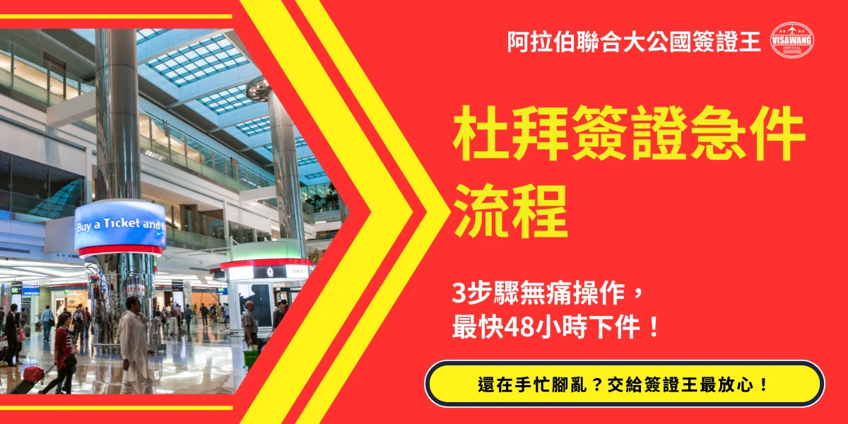 左側呈現杜拜國際機場內部景象，展現旅客往來與機場設施；右側以紅底黃字強調「杜拜簽證急件流程」與48小時下件資訊，搭配醒目的箭頭設計，引導視覺聚焦流程重點並凸顯簽證王急件服務的效率與便利性。