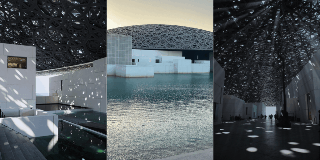 這組三張拼接照片呈現阿布達比羅浮宮的不同角度，包括光影灑入的棚架結構、水岸建築與穹頂外觀。透過獨特的金屬幾何網格屋頂，陽光形成細碎光點，展現強烈的建築藝術感，也是旅人非常喜歡取景的地點。
