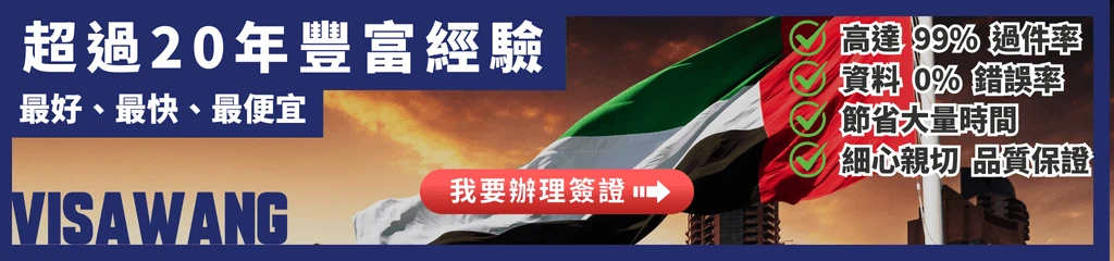 右方為阿聯酋國旗飄揚，左方以藍底呈現「20 年經驗、99% 過件率」資訊，視覺穩重專業。適用於首頁強調資歷、成功率與可信度。