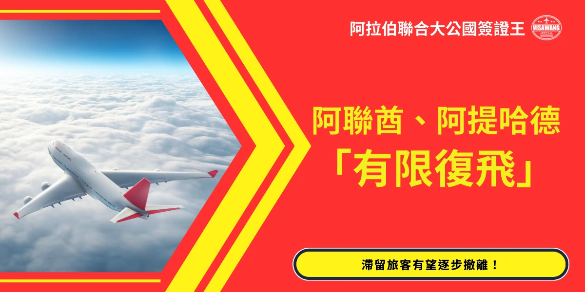 圖片左側呈現一架白色大型客機飛越雲海，右側紅色背景以黃色字體寫著「阿聯酋、阿提哈德『有限復飛』」，下方黃色橢圓框標註「滯留旅客有望逐步撤離！」。設計使用黃線箭頭指向飛機方向，營造動態與警示感，強調航班復飛資訊的重要性。